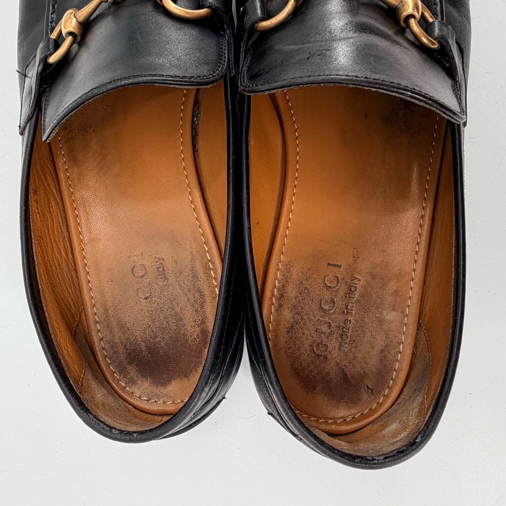 GUCCI Black Leather Horsebit Classic Mens 9 Dress Shoes Loafers FLAWS - Picture 5 of 14